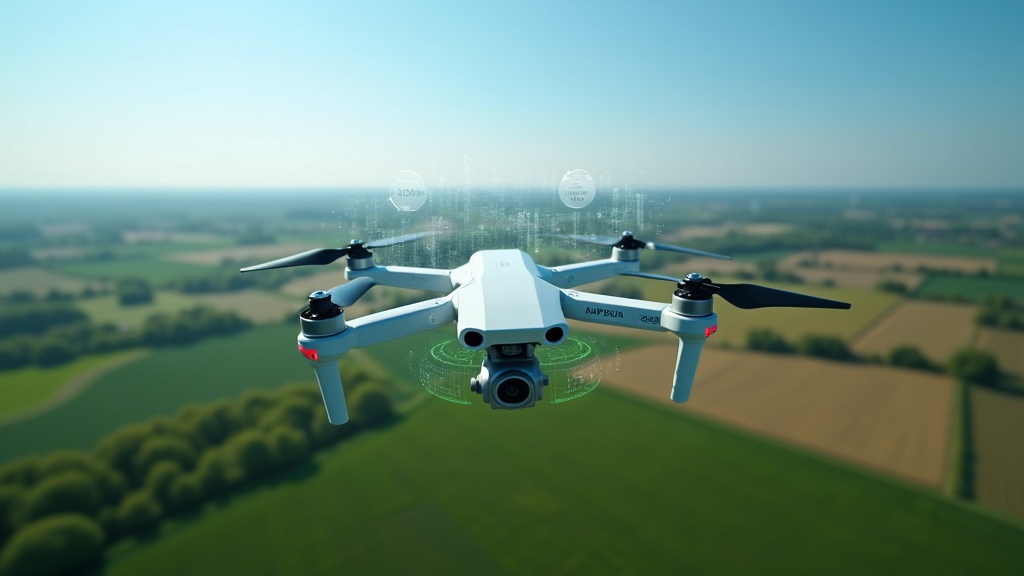 AI-powered drone flying over a lush green field with digital overlays and data visualization in the sky